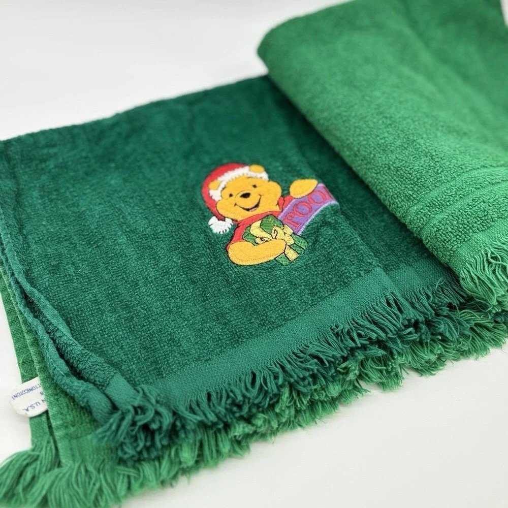 Vtg Lot Of 3 Green Christmas Finger Tip Hand Guest Towels Embroidered Noel‎ Pooh